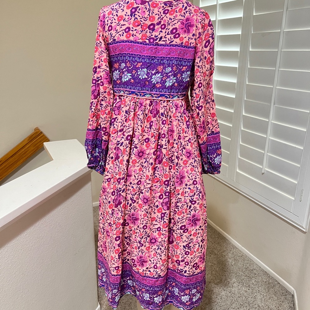Bohemian Boho Hippie‎ Modest Paisley Floral Peasant Lounge Midi Dress Size Small - Picture 6 of 11